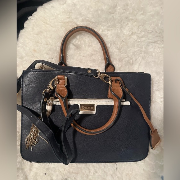 Dune London Navy Blue Tan Gold Commuter Laptop Briefcase Top Handle Bag - Picture 1 of 8